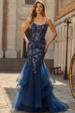 Robe longue de bal de bal brodée en corset bleu transparent avec dentelle dans le dos