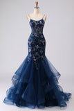 Robe longue de bal de bal brodée en corset bleu transparent avec dentelle dans le dos