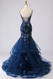 Robe longue de bal de bal brodée en corset bleu transparent avec dentelle dans le dos