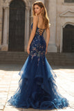 Robe longue de bal de bal brodée en corset bleu transparent avec dentelle dans le dos