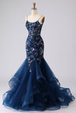 Robe longue de bal de bal brodée en corset bleu transparent avec dentelle dans le dos