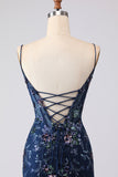 Robe longue de bal de bal brodée en corset bleu transparent avec dentelle dans le dos