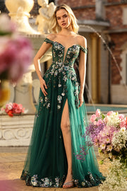 Robe de soirée longue vert foncé à épaules dénudées corset appliqué pailleté