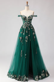 Robe de soirée longue vert foncé à épaules dénudées corset appliqué pailleté