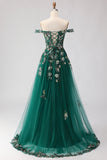 Robe de soirée longue vert foncé à épaules dénudées corset appliqué pailleté