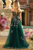 Robe de soirée longue vert foncé à épaules dénudées corset appliqué pailleté