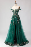Robe de soirée longue vert foncé à épaules dénudées corset appliqué pailleté