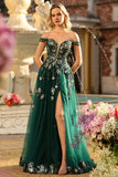 Robe de soirée longue vert foncé à épaules dénudées corset appliqué pailleté