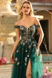 Robe de soirée longue vert foncé à épaules dénudées corset appliqué pailleté