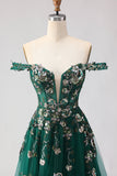 Robe de soirée longue vert foncé à épaules dénudées corset appliqué pailleté