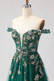 Robe de soirée longue vert foncé à épaules dénudées corset appliqué pailleté