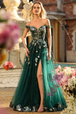 Robe de soirée longue vert foncé à épaules dénudées corset appliqué pailleté