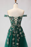 Robe de soirée longue vert foncé à épaules dénudées corset appliqué pailleté