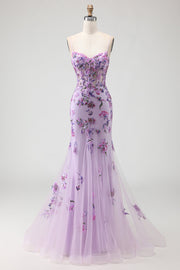 Corset de bal à boutons de sirène violette avec longues robe de bal avec perles