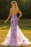 Corset transparent violet à perles perlées et longue robe de bal avec dentelle dans le dos