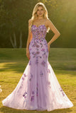Corset transparent violet à perles perlées et longue robe de bal avec dentelle dans le dos
