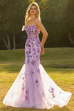 Corset transparent violet à perles perlées et longue robe de bal avec dentelle dans le dos