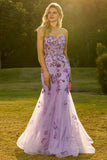 Corset transparent violet à perles perlées et longue robe de bal avec dentelle dans le dos