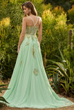Corset vert à perles A Line, lacet dans le dos, longue robe de bal avec sequins
