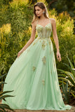 Corset vert à perles A Line, lacet dans le dos, longue robe de bal avec sequins