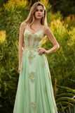Corset vert à perles A Line, lacet dans le dos, longue robe de bal avec sequins