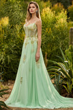 Corset vert à perles A Line, lacet dans le dos, longue robe de bal avec sequins