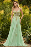 Corset vert à perles A Line, lacet dans le dos, longue robe de bal avec sequins