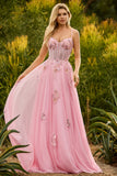 Corset à perles roses A Line Robe de bal longue robe de bal avec dentelle dans le dos