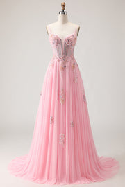 Corset rose A Line perlées Sequins Longue robe de bal avec dentelle remontée dans le dos