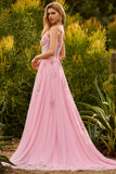 Corset à perles roses A Line Robe de bal longue robe de bal avec dentelle dans le dos