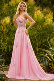 Corset à perles roses A Line Robe de bal longue robe de bal avec dentelle dans le dos