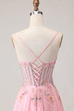 Corset rose A Line perlées Sequins Longue robe de bal avec dentelle remontée dans le dos