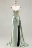 Corset perlé de sirène vert, longue robe de bal en satin avec drapé latéral