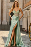 Corset perlé de sirène vert, longue robe de bal en satin avec drapé latéral