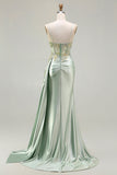 Corset perlé de sirène vert, longue robe de bal en satin avec drapé latéral