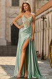 Corset perlé de sirène vert, longue robe de bal en satin avec drapé latéral