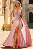 Corset rose perlé de sirène en satin longue robe de bal avec drapé latéral
