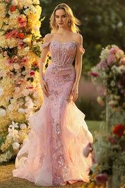 Robe longue de bal de promo à farçard à farçard à perles perlées à perles en corset appliqué avec des volants