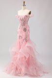 Robe longue de bal de bal à bals vert sirène perlée perlée et applique, longue robe de bal avec volants