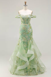 Robe longue de bal de bal à bals vert sirène perlée perlée et applique, longue robe de bal avec volants