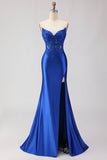 Corset de bal satin en satin bleu royal sans buses, longue robe de bal avec fente