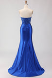 Corset de bal satin en satin bleu royal sans buses, longue robe de bal avec fente
