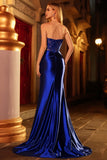 Corset de bal satin en satin bleu royal sans buses, longue robe de bal avec fente