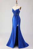 Corset de bal satin en satin bleu royal sans buses, longue robe de bal avec fente