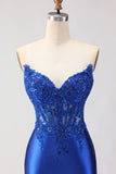 Corset de bal satin en satin bleu royal sans buses, longue robe de bal avec fente