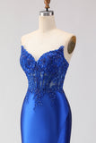 Corset de bal satin en satin bleu royal sans buses, longue robe de bal avec fente