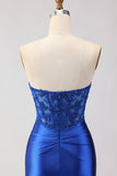 Corset de bal satin en satin bleu royal sans buses, longue robe de bal avec fente