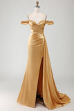 Robe longue de bal de bal satin bleu royal plissée aux perles dénudée d’épaules, sirène avec fente