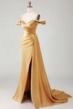 Robe longue de bal de bal satin bleu royal plissée aux perles dénudée d’épaules, sirène avec fente