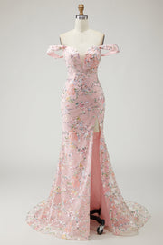 Robe de bal longue à blush à paillettes sirène dénudée avec broderie